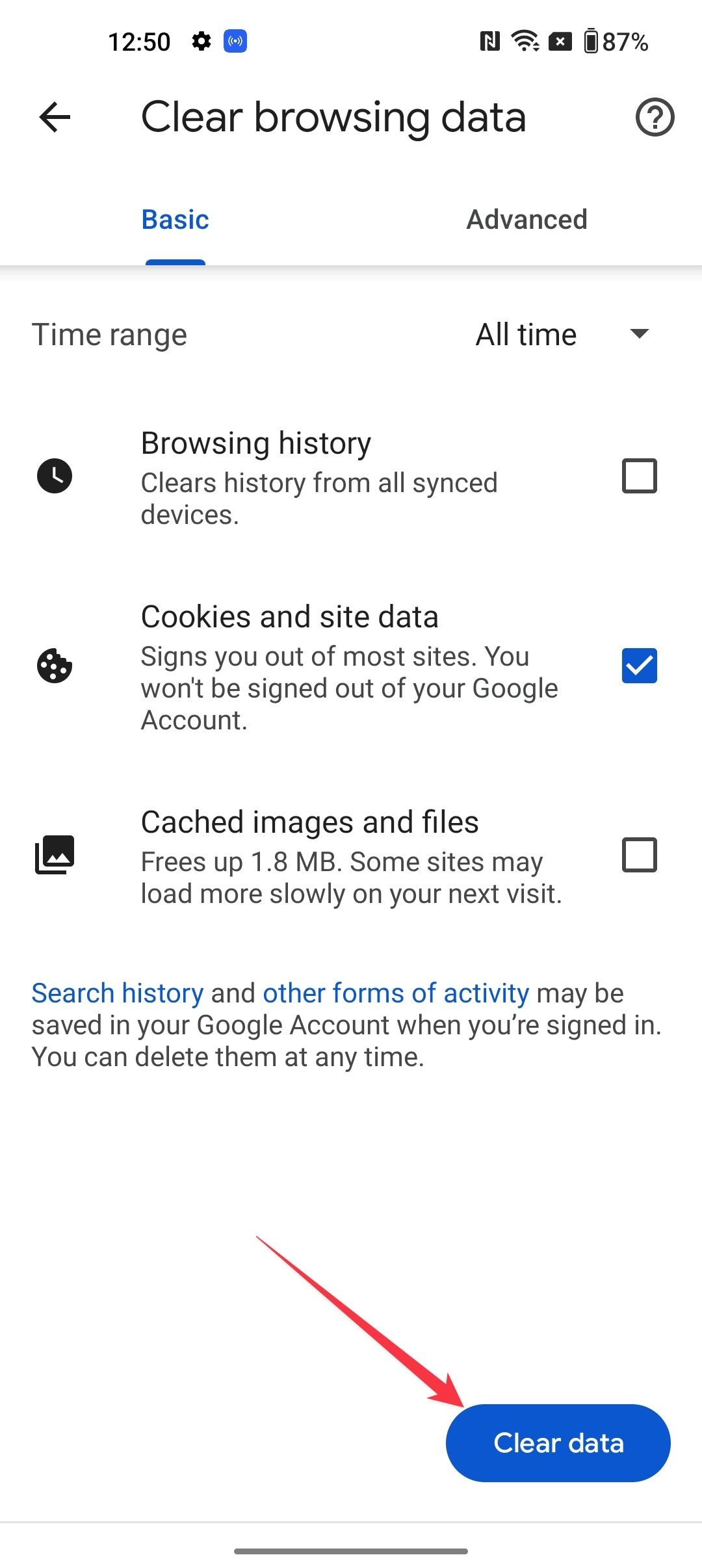 delete cookies on Android in Google Chrome 5